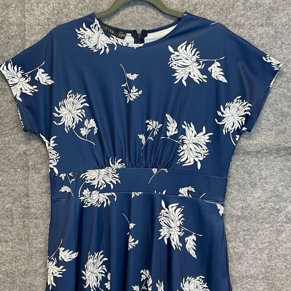 HOMEYEE Dress Size 2XL Blue White Floral Round Neck Midi A-Line Pleated Swing - Picture 2 of 16